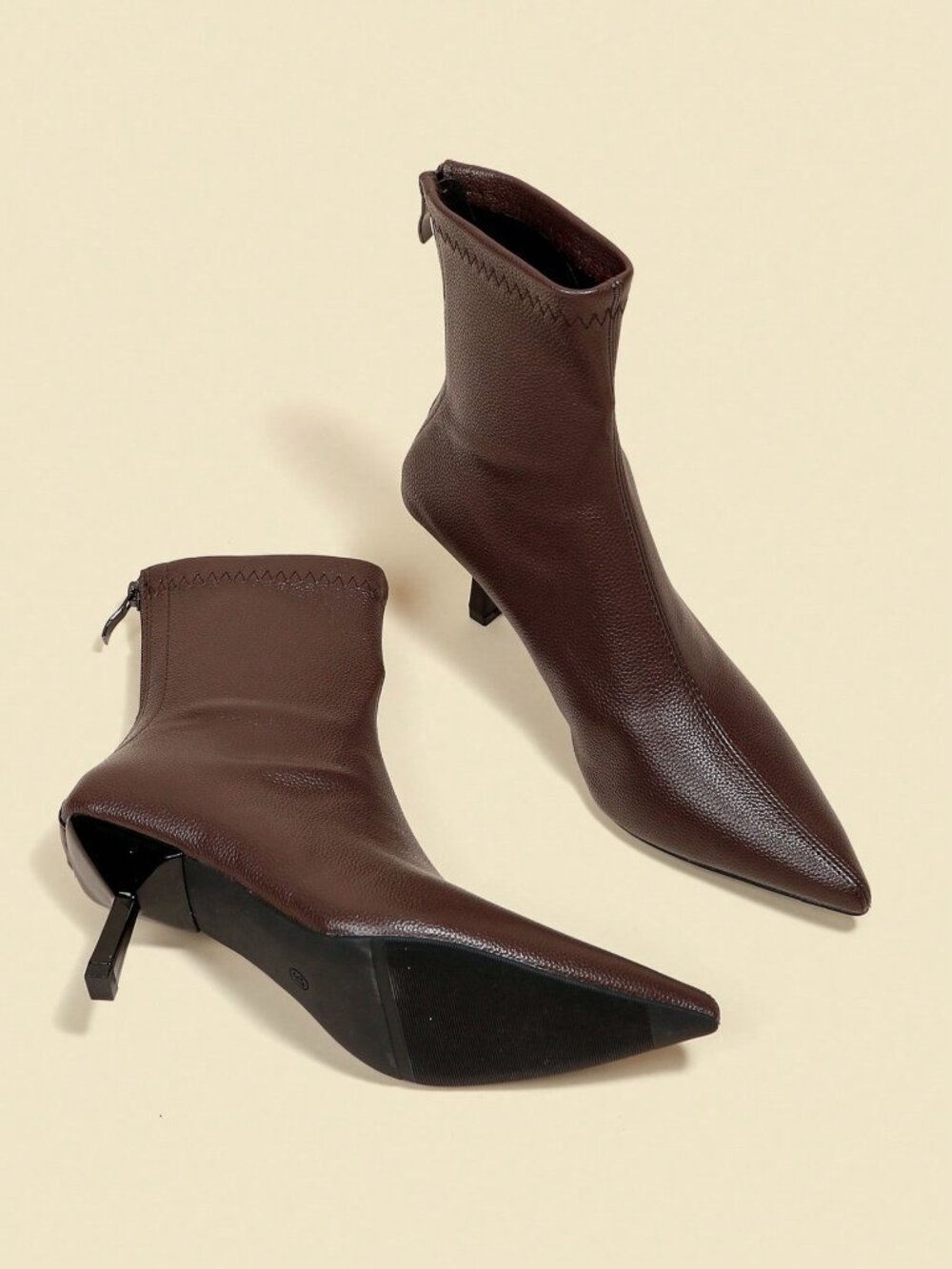 Brown Casual Women's Pointed Toe Elastic Mid Heel Ankle Boots